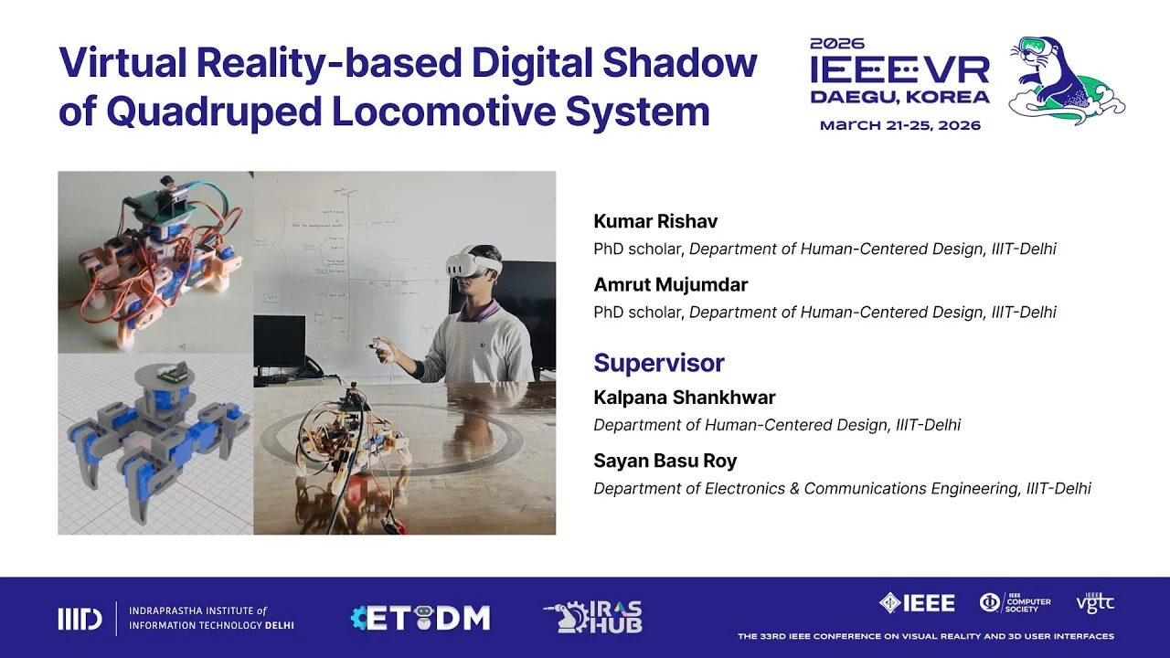 Demonstration title slide showing the physical quadruped, its virtual model, and a VR headset operator